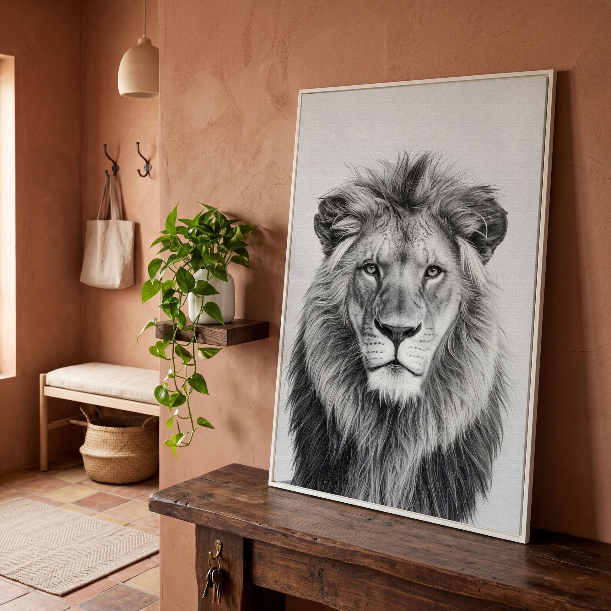 Male Lion Close-Up Portrait Canvas Wall Art in white floating frame