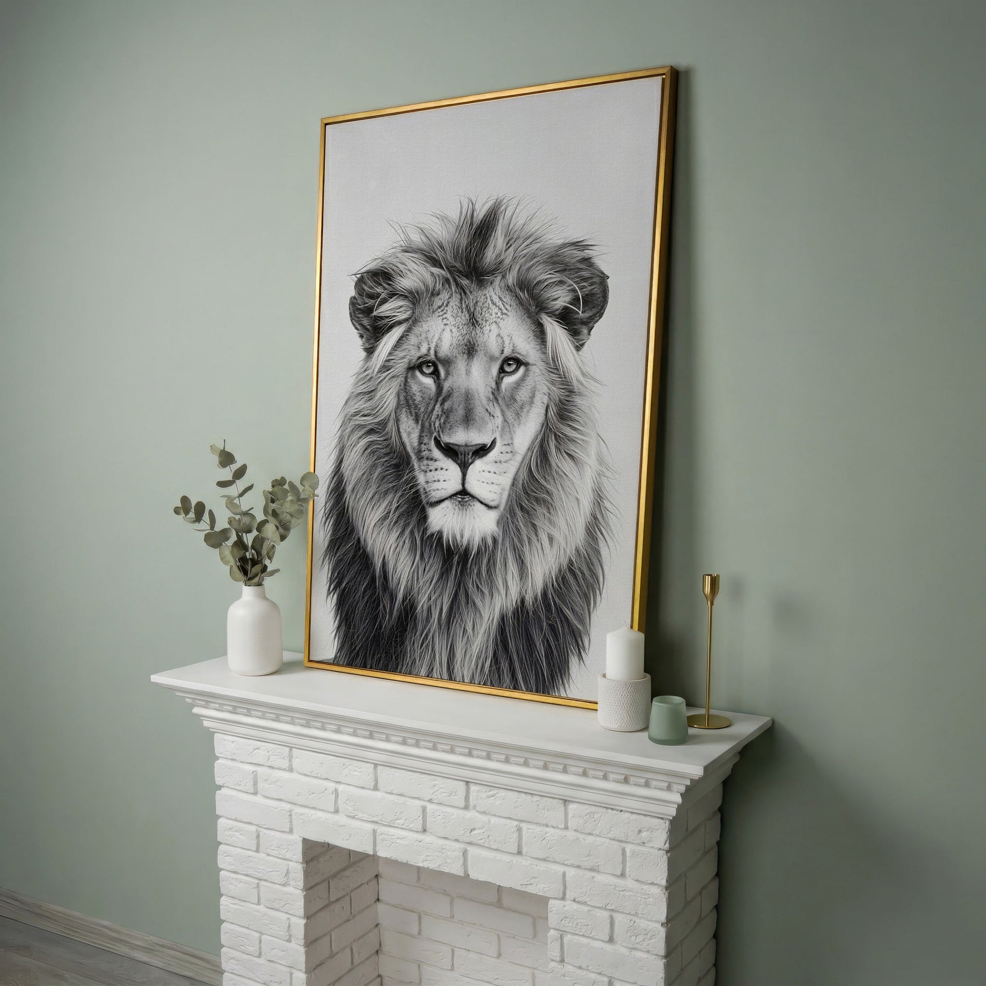 Male Lion Close-Up Portrait Canvas Wall Art in yellow gold floating frame