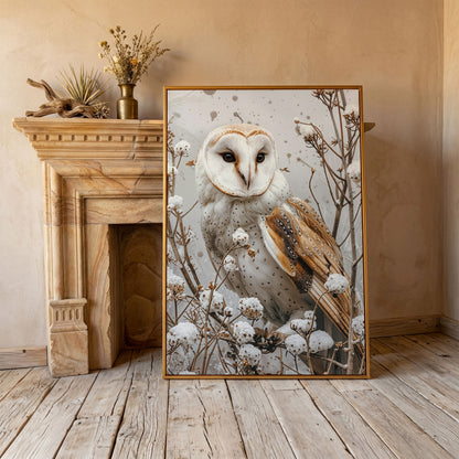 Snowy Owl Canvas Print with Winter Forest Palette in antique gold floating frame