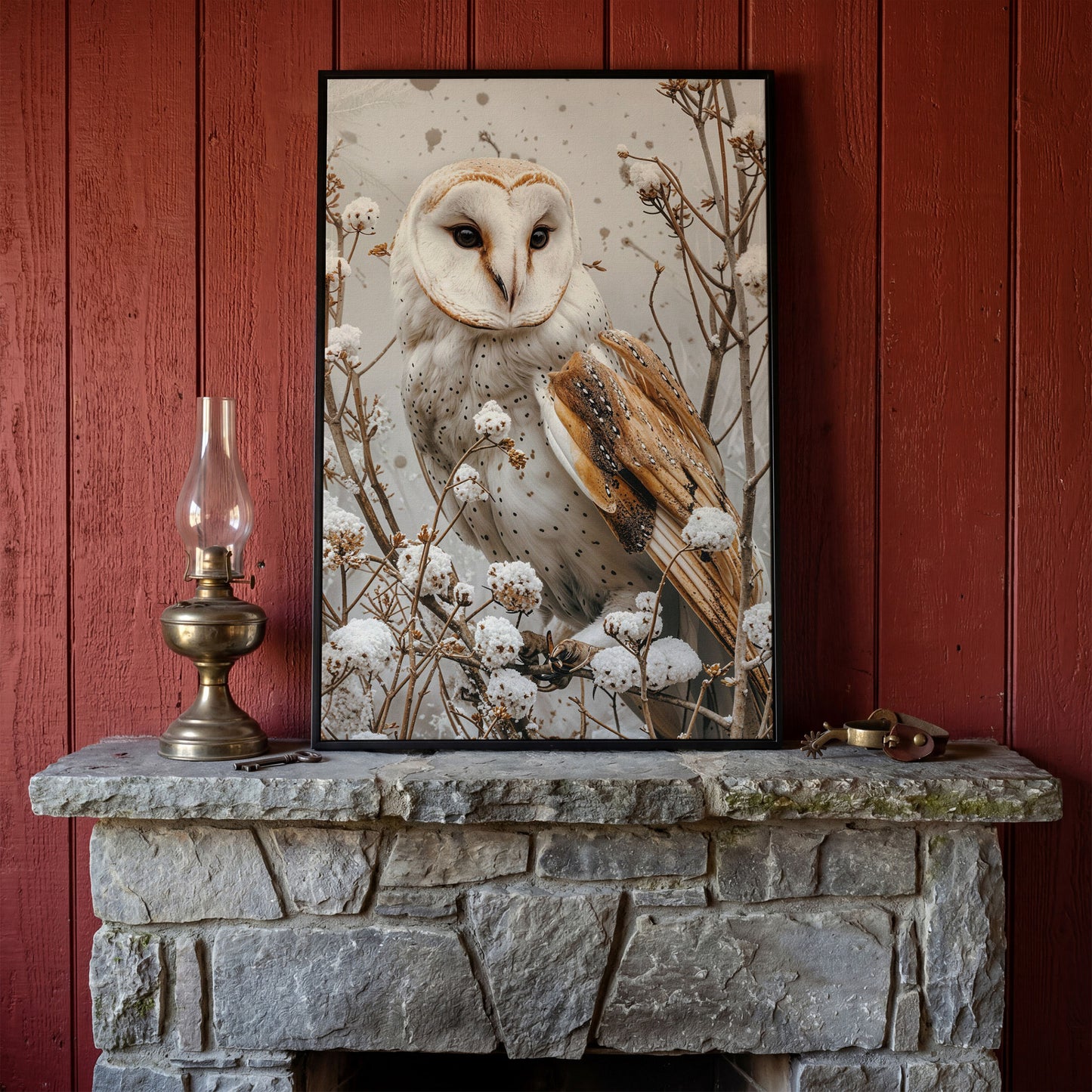 Snowy Owl Canvas Print with Winter Forest Palette in black floating frame