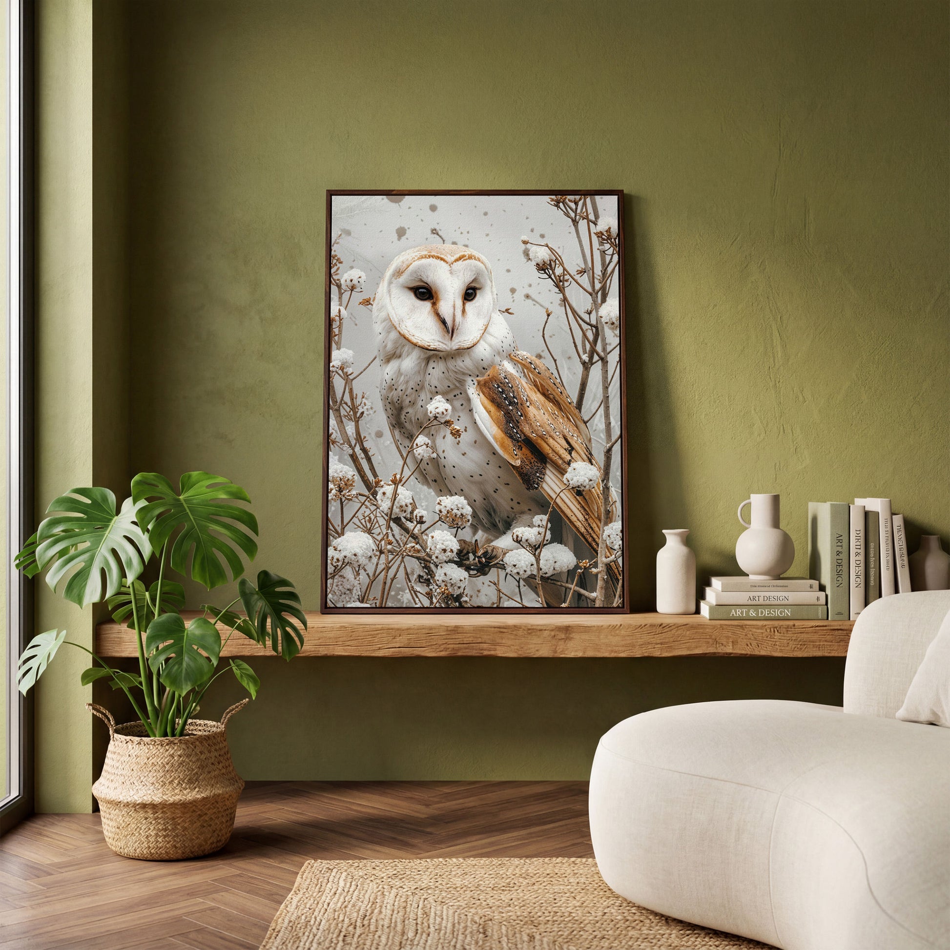 Snowy Owl Canvas Print with Winter Forest Palette in dark walnut floating frame