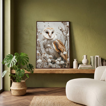 Snowy Owl Canvas Print with Winter Forest Palette in dark walnut floating frame