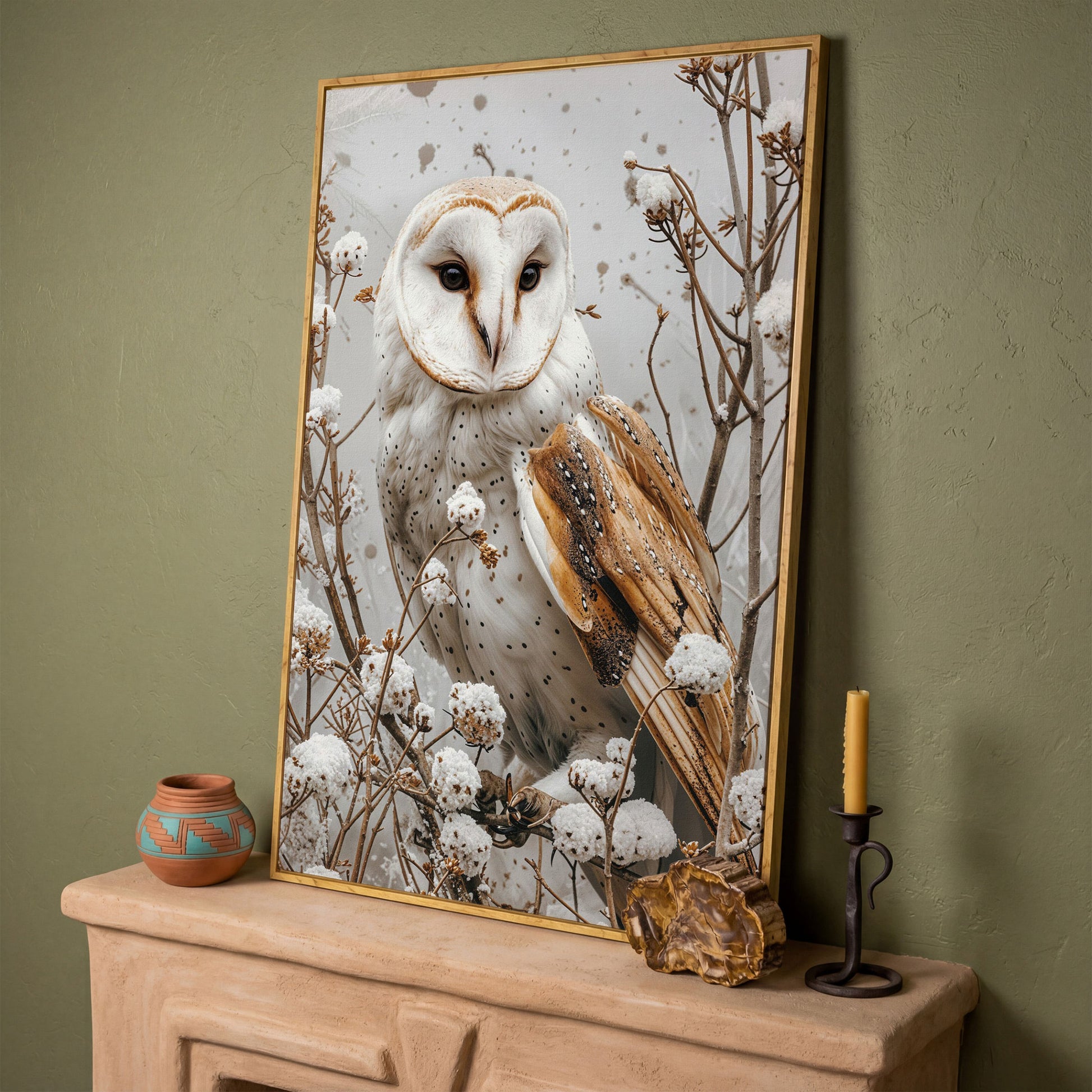 Snowy Owl Canvas Print with Winter Forest Palette in white oak floating frame