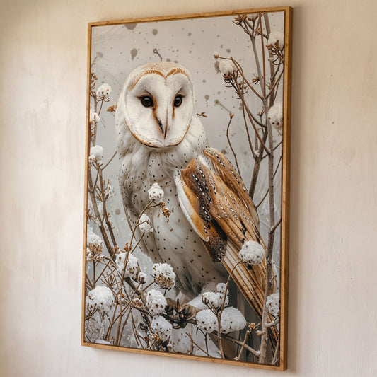 Snowy Owl Canvas Print with Winter Forest Palette shown in white oak floating frame