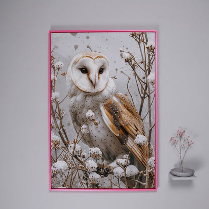Snowy Owl Canvas Print with Winter Forest Palette in pink floating frame