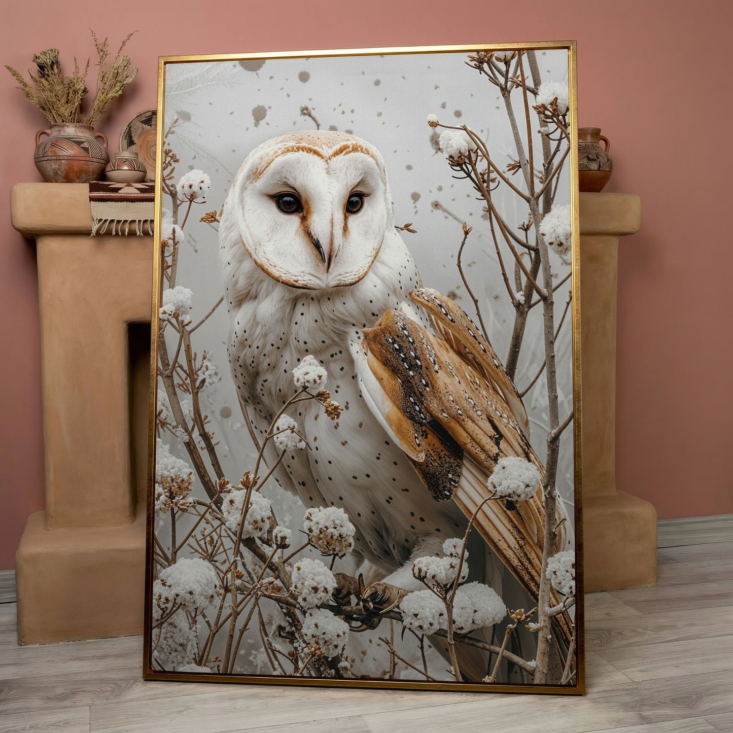 Snowy Owl Canvas Print with Winter Forest Palette in rose gold floating frame