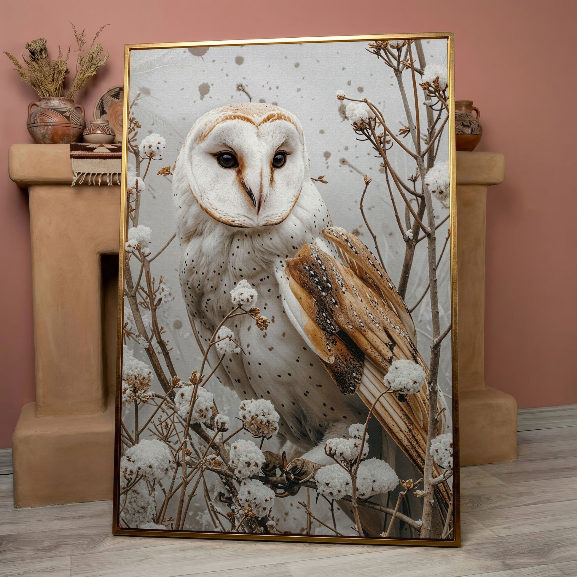 Snowy Owl Canvas Print with Winter Forest Palette in rose gold floating frame
