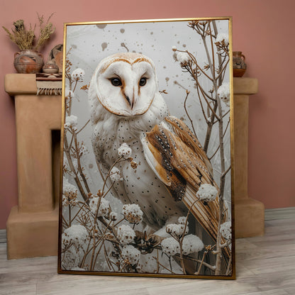 Snowy Owl Canvas Print with Winter Forest Palette in rose gold floating frame
