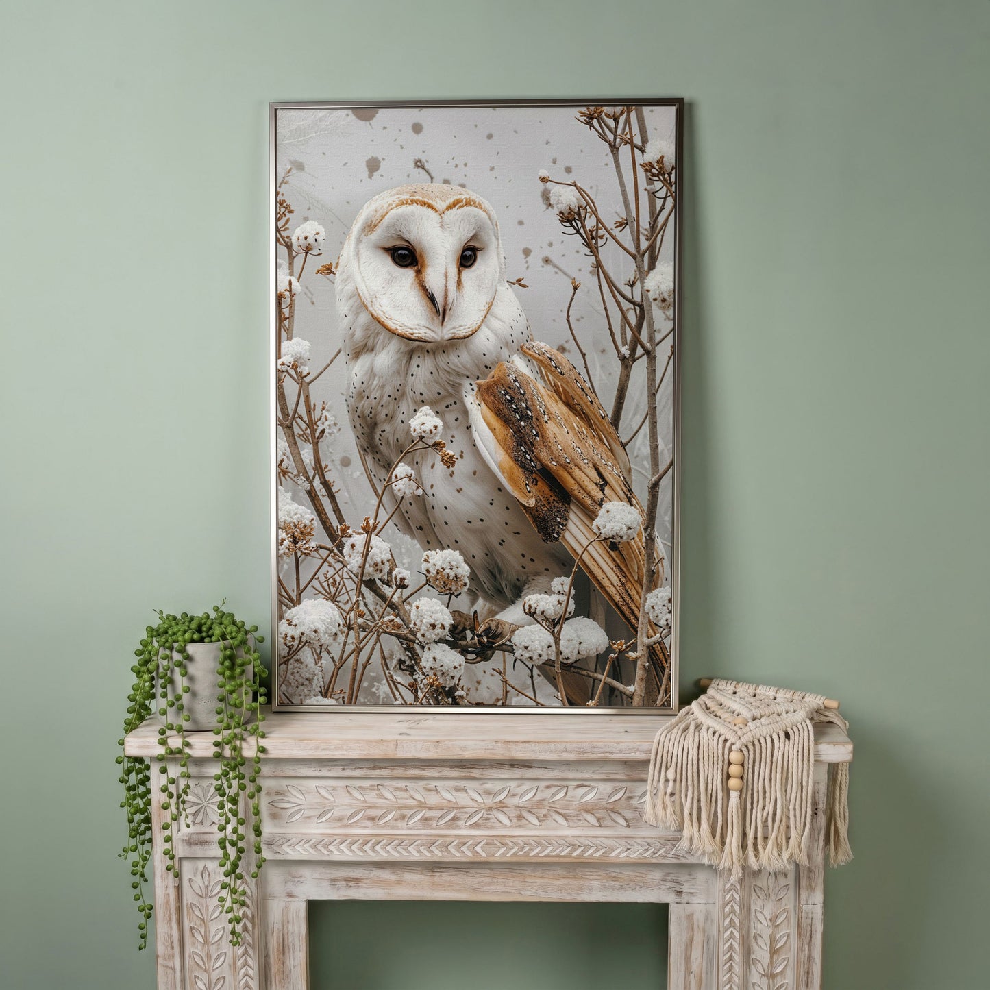 Snowy Owl Canvas Print with Winter Forest Palette in silver floating frame