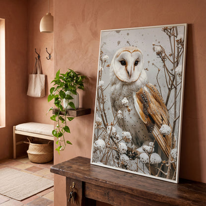 Snowy Owl Canvas Print with Winter Forest Palette in white floating frame