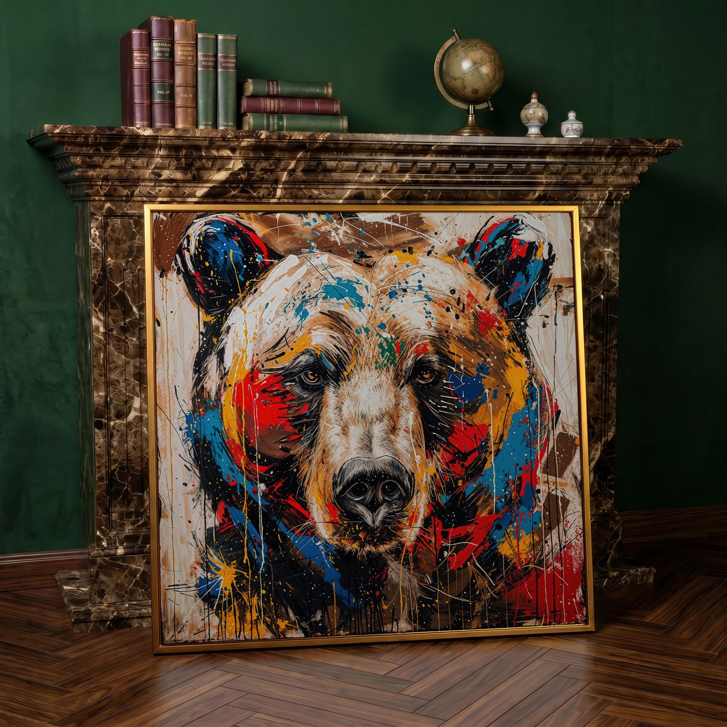 Colorful Grizzly Bear Canvas in antique gold floating frame