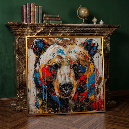 Colorful Grizzly Bear Canvas in antique gold floating frame