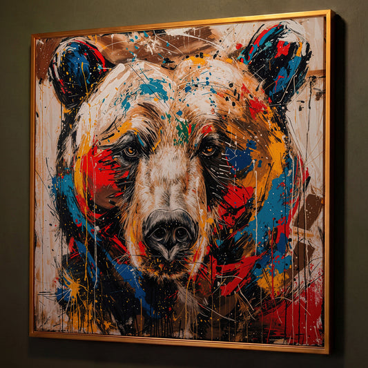 Colorful Grizzly Bear Canvas shown in antique gold floating frame