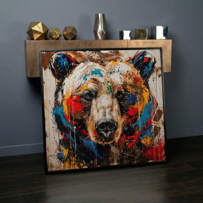 Colorful Grizzly Bear Canvas in black floating frame