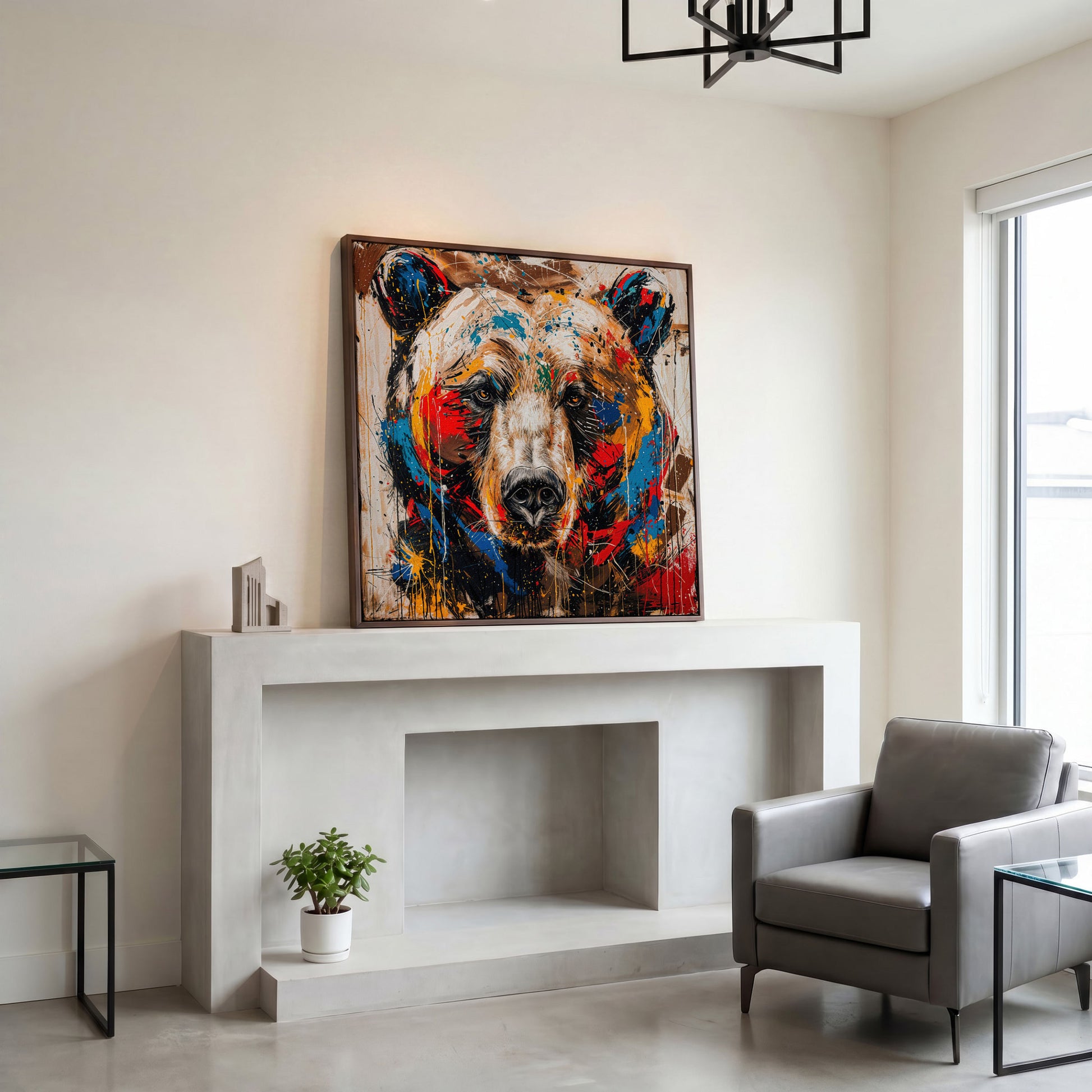 Colorful Grizzly Bear Canvas in dark walnut floating frame