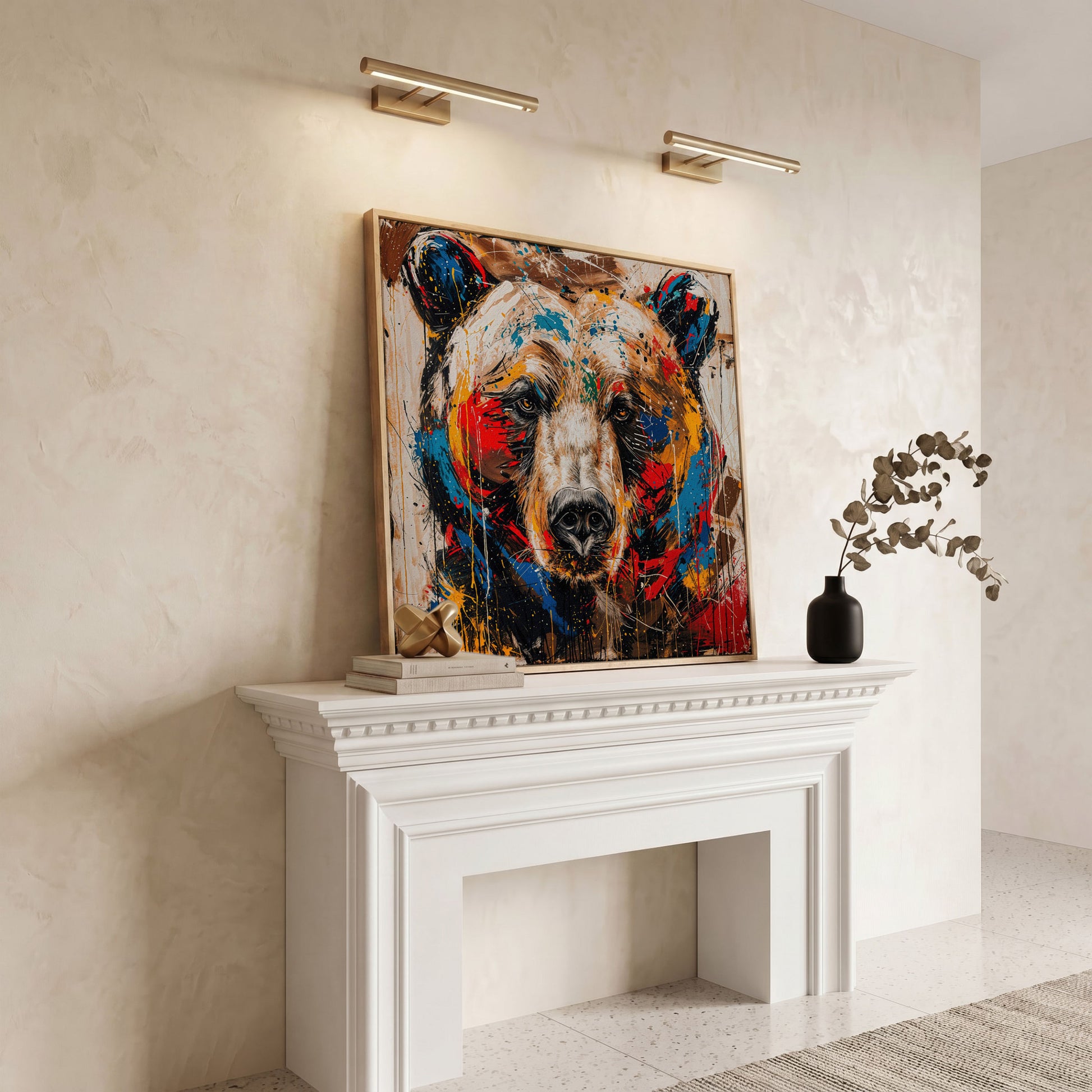 Colorful Grizzly Bear Canvas in white oak floating frame