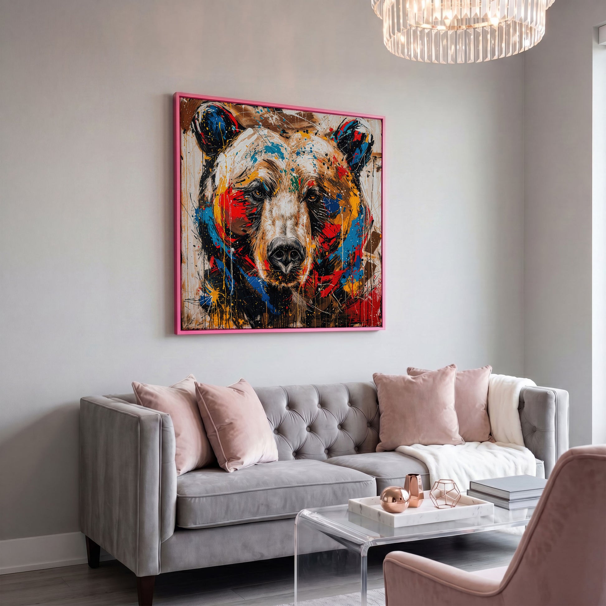 Colorful Grizzly Bear Canvas in pink floating frame