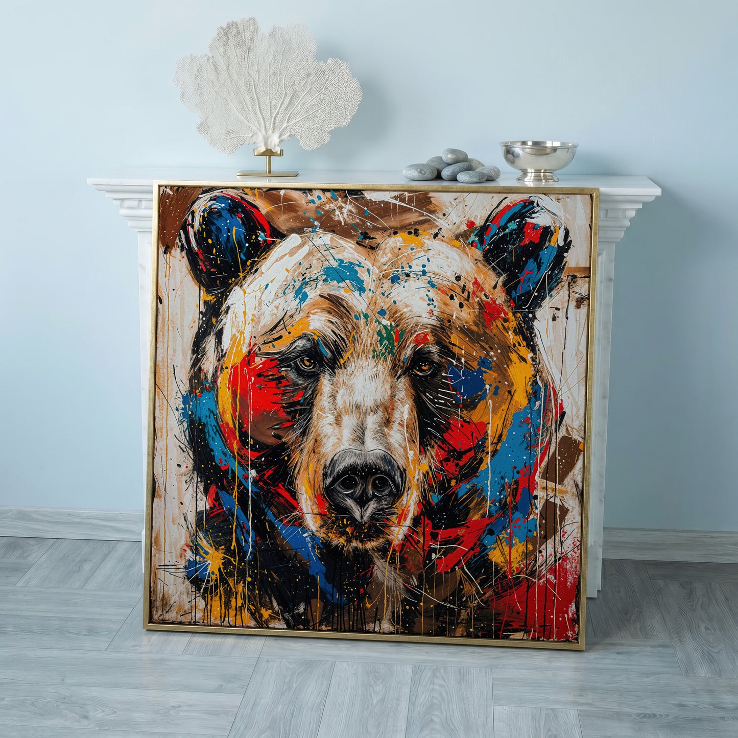 Colorful Grizzly Bear Canvas in rose gold floating frame