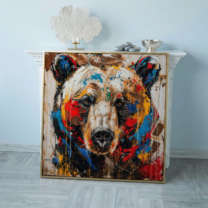 Colorful Grizzly Bear Canvas in rose gold floating frame