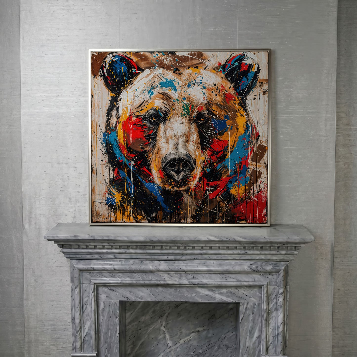 Colorful Grizzly Bear Canvas in silver floating frame