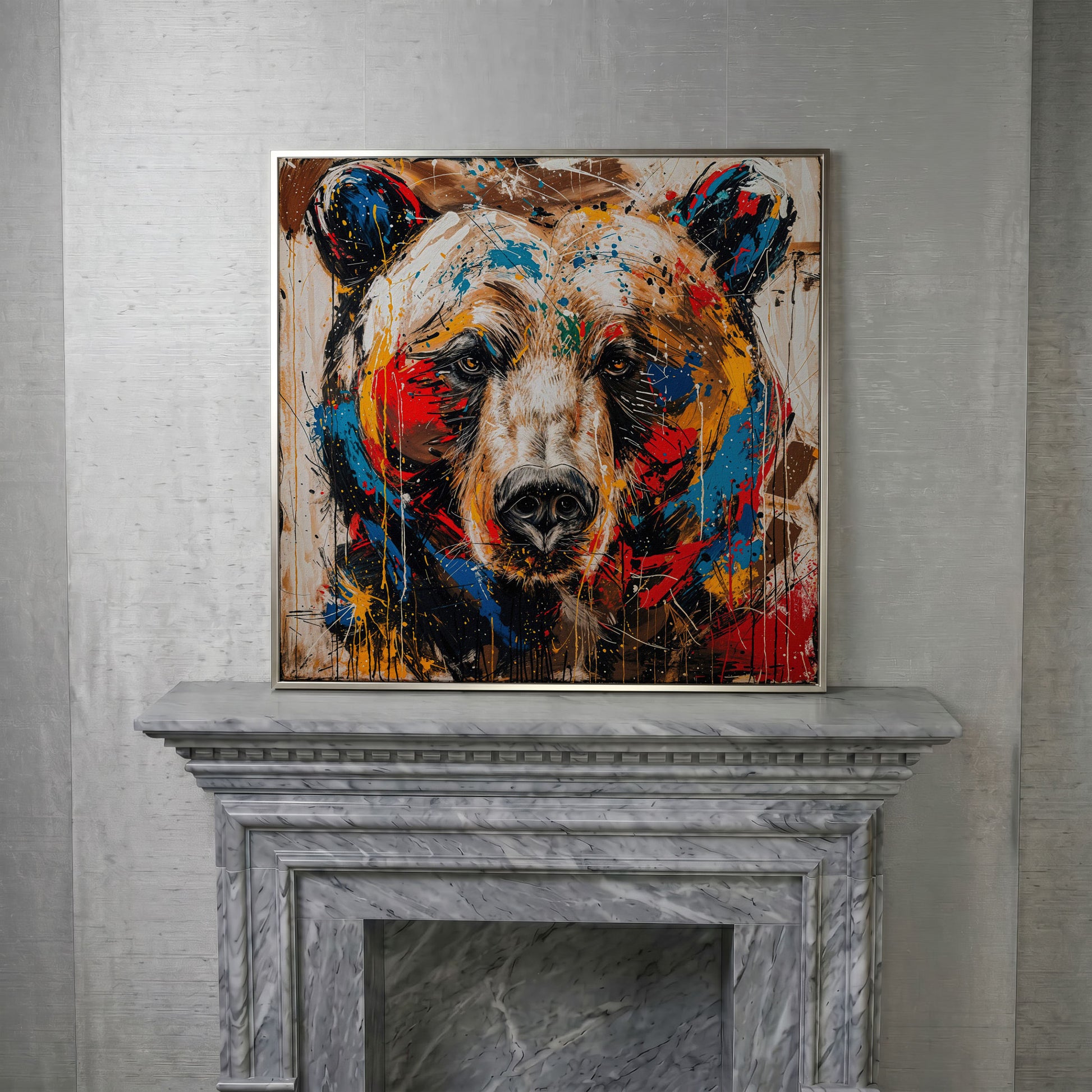 Colorful Grizzly Bear Canvas in silver floating frame