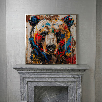 Colorful Grizzly Bear Canvas in silver floating frame