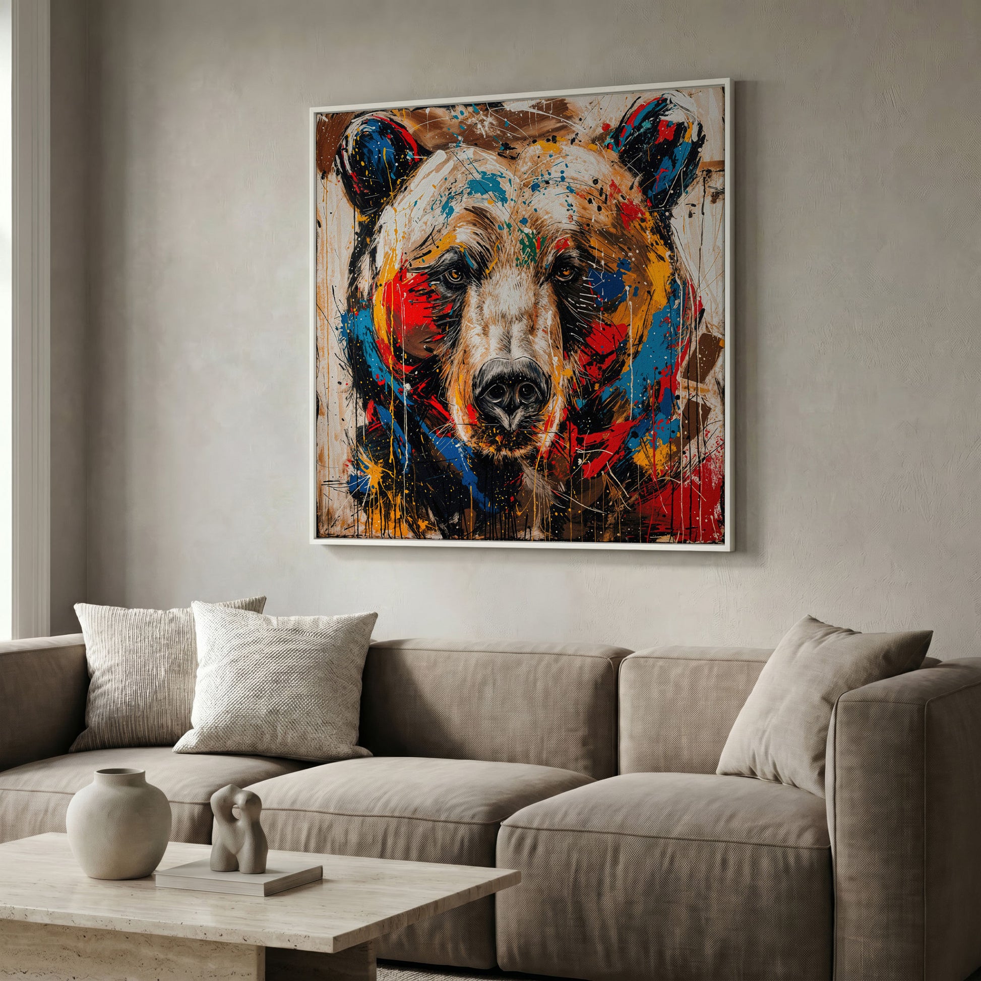 Colorful Grizzly Bear Canvas in white floating frame