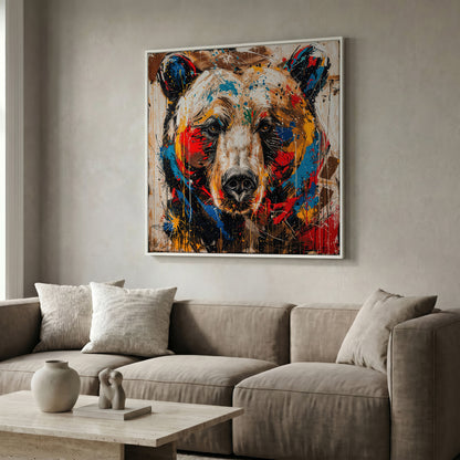 Colorful Grizzly Bear Canvas in white floating frame