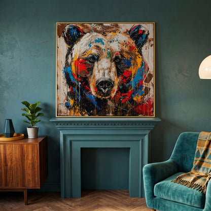 Colorful Grizzly Bear Canvas in yellow gold floating frame