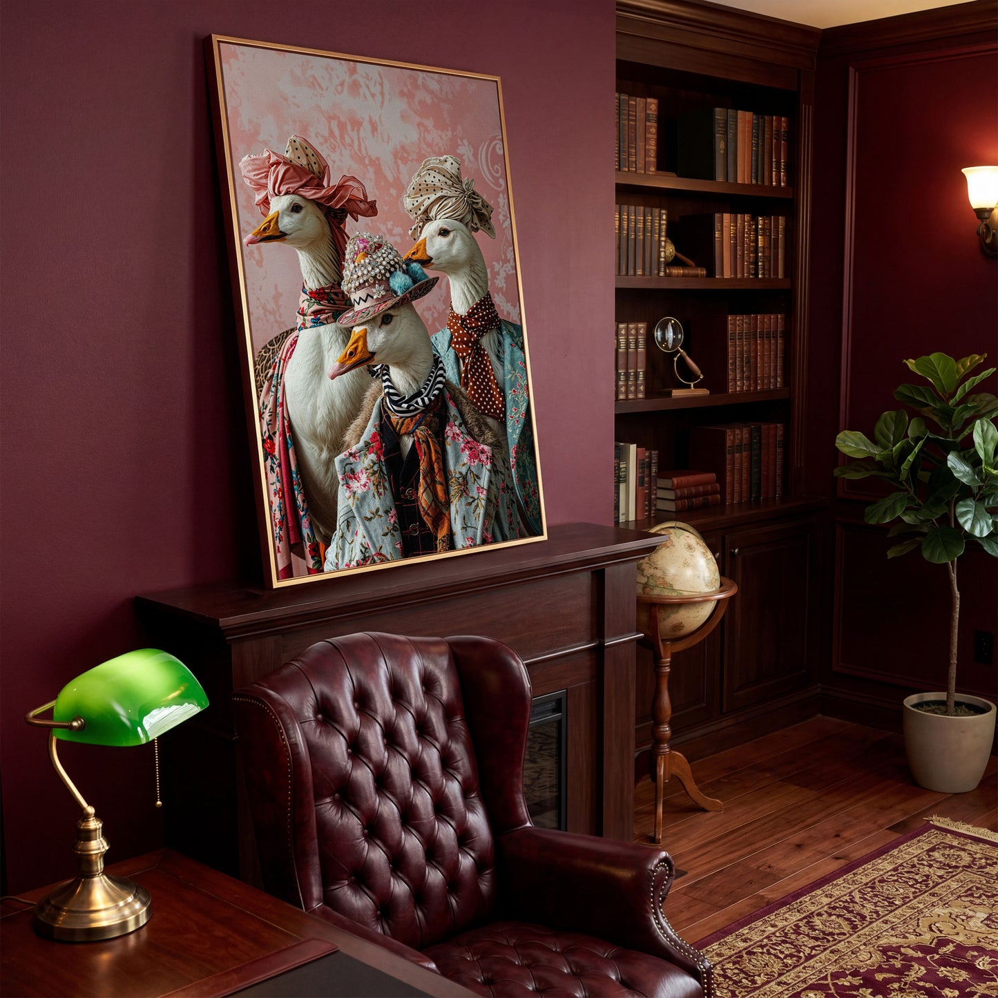 Dapper Geese in Vintage Attire. Anthropomorphic Bird Canvas Art in antique gold floating frame