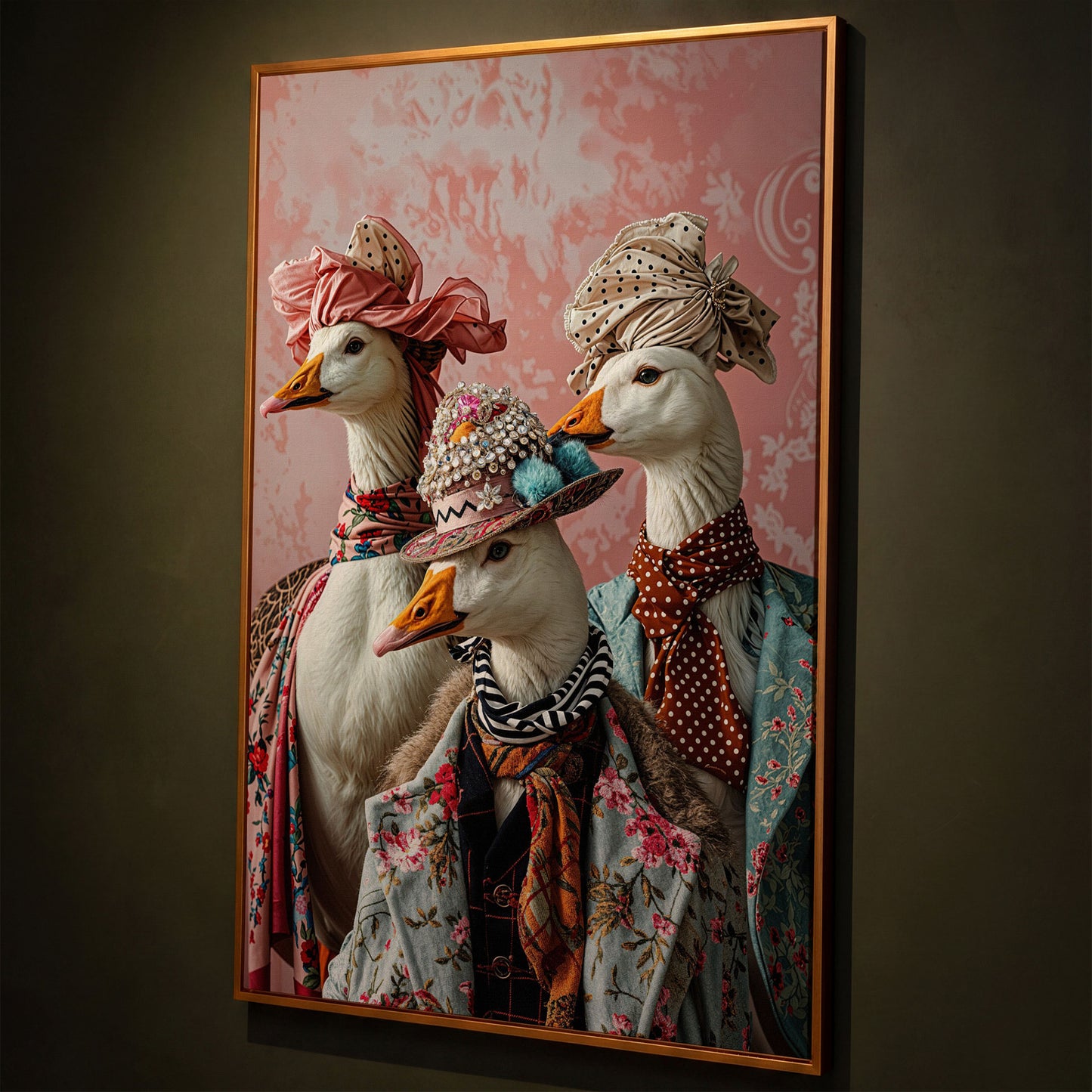 Dapper Geese in Vintage Attire. Anthropomorphic Bird Canvas Art shown in antique gold floating frame