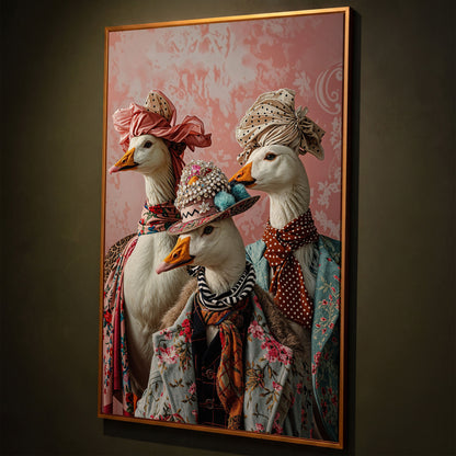 Dapper Geese in Vintage Attire. Anthropomorphic Bird Canvas Art shown in antique gold floating frame