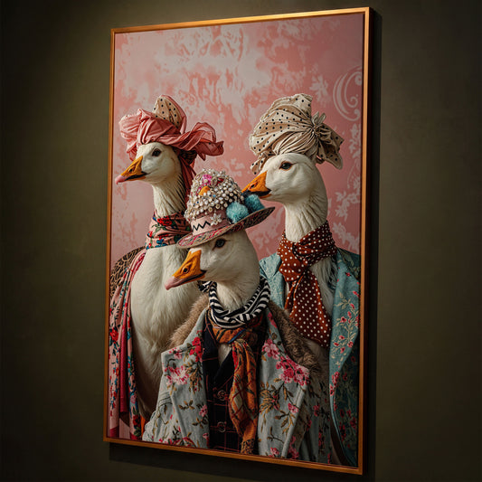 Dapper Geese in Vintage Attire. Anthropomorphic Bird Canvas Art shown in antique gold floating frame