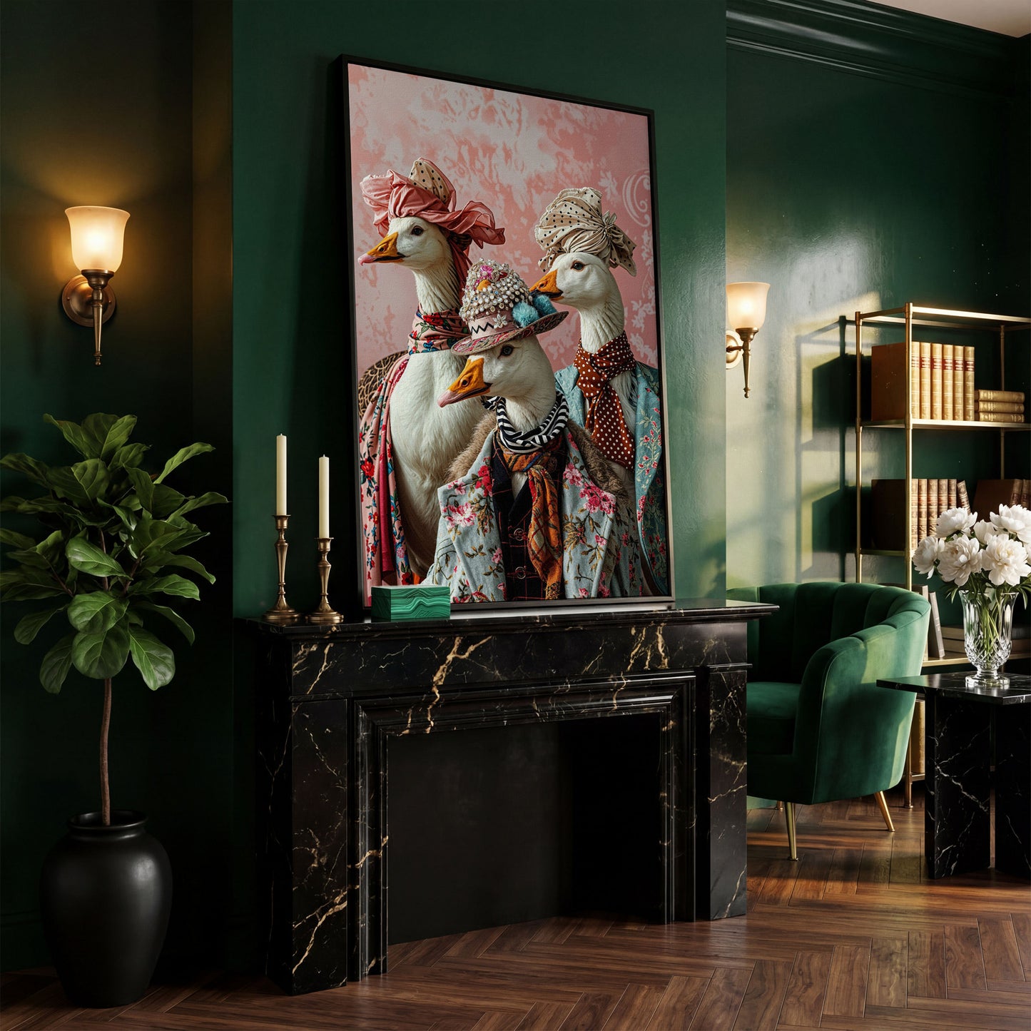 Dapper Geese in Vintage Attire. Anthropomorphic Bird Canvas Art in black floating frame