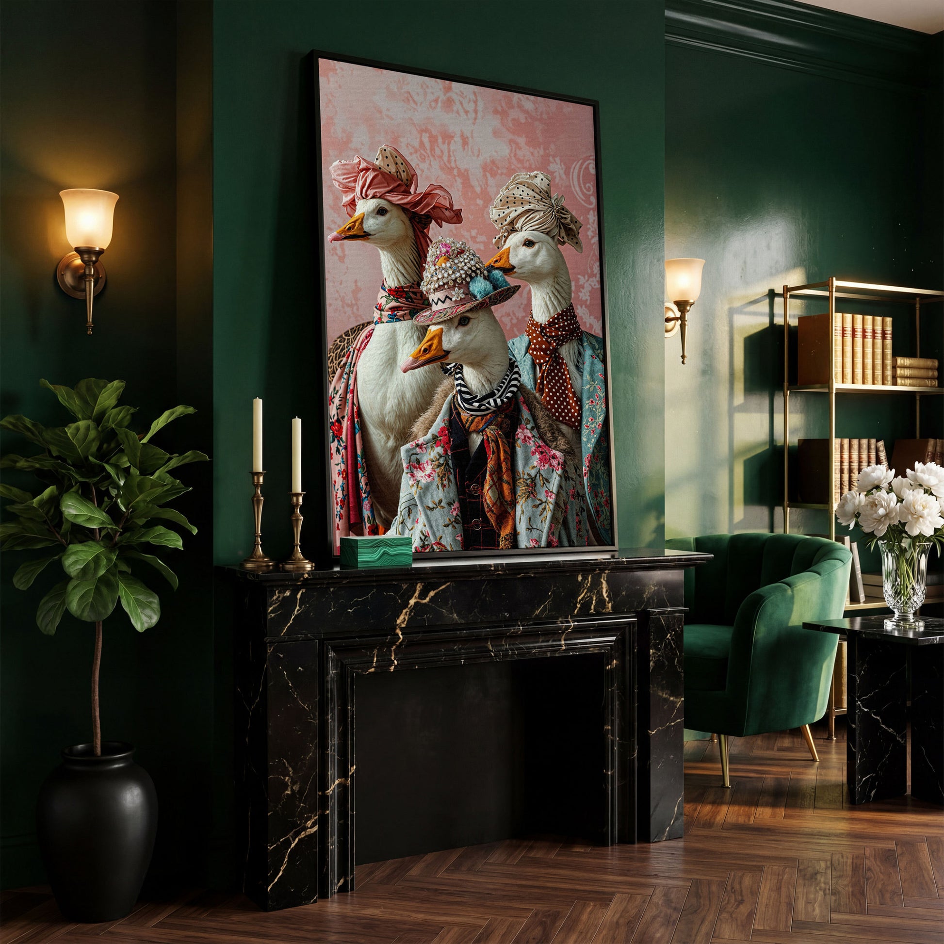 Dapper Geese in Vintage Attire. Anthropomorphic Bird Canvas Art in black floating frame