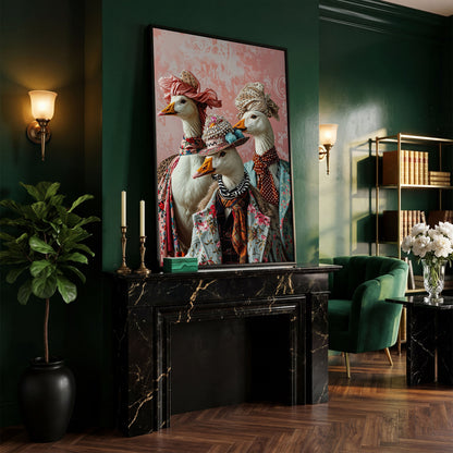 Dapper Geese in Vintage Attire. Anthropomorphic Bird Canvas Art in black floating frame
