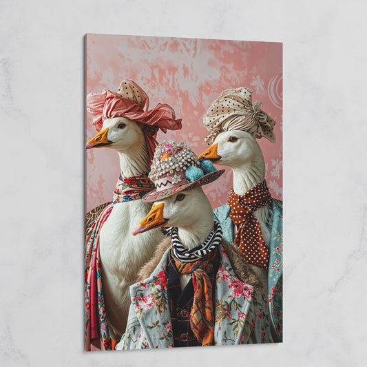 Dapper Geese in Vintage Attire. Anthropomorphic Bird Canvas Art on gallery wrap