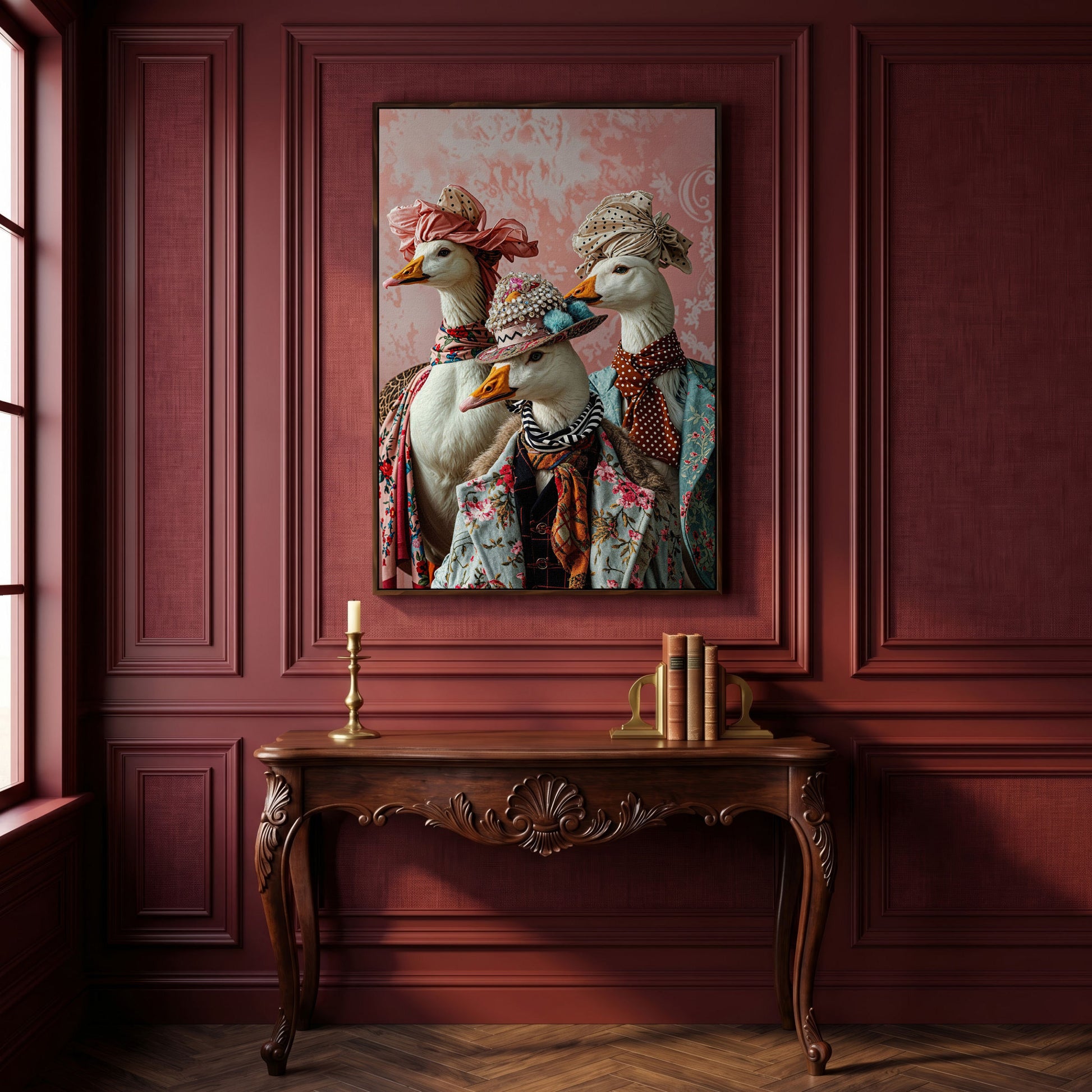 Dapper Geese in Vintage Attire. Anthropomorphic Bird Canvas Art in dark walnut floating frame