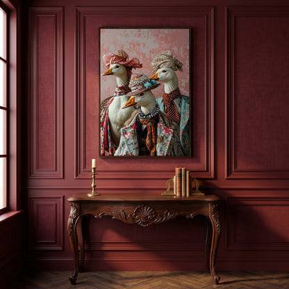 Dapper Geese in Vintage Attire. Anthropomorphic Bird Canvas Art in dark walnut floating frame