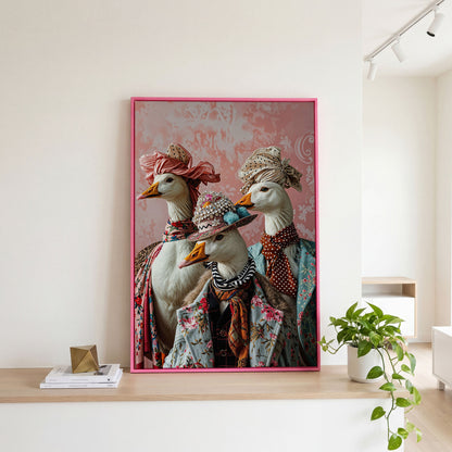 Dapper Geese in Vintage Attire. Anthropomorphic Bird Canvas Art in pink floating frame