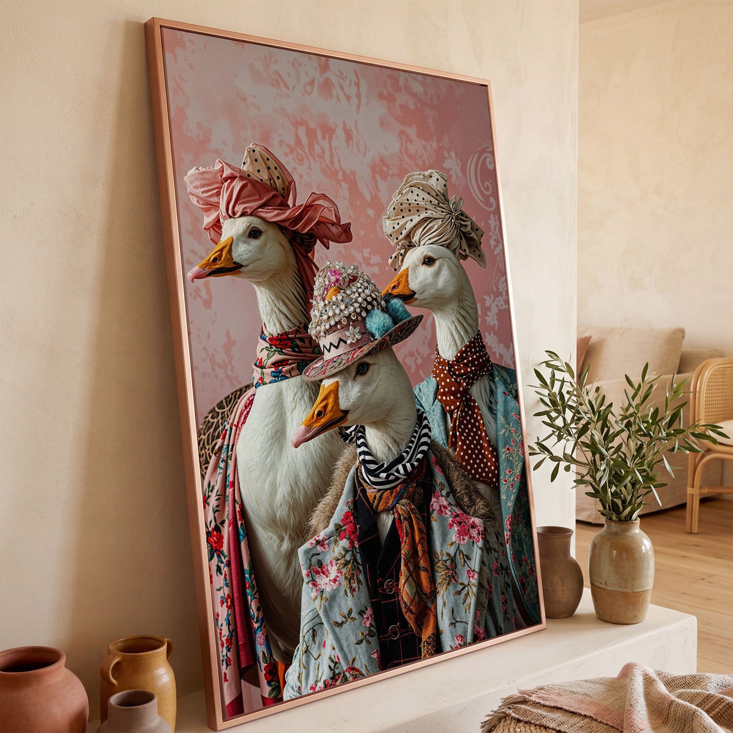 Dapper Geese in Vintage Attire. Anthropomorphic Bird Canvas Art in rose gold floating frame