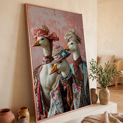 Dapper Geese in Vintage Attire. Anthropomorphic Bird Canvas Art in rose gold floating frame