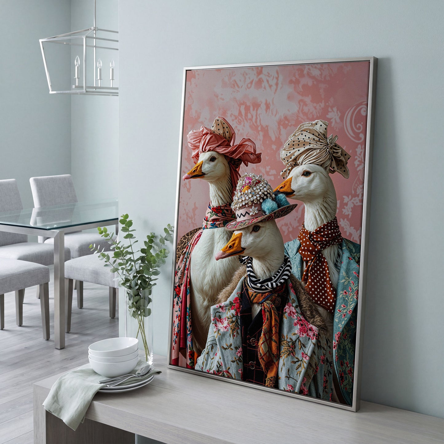 Dapper Geese in Vintage Attire. Anthropomorphic Bird Canvas Art in silver floating frame