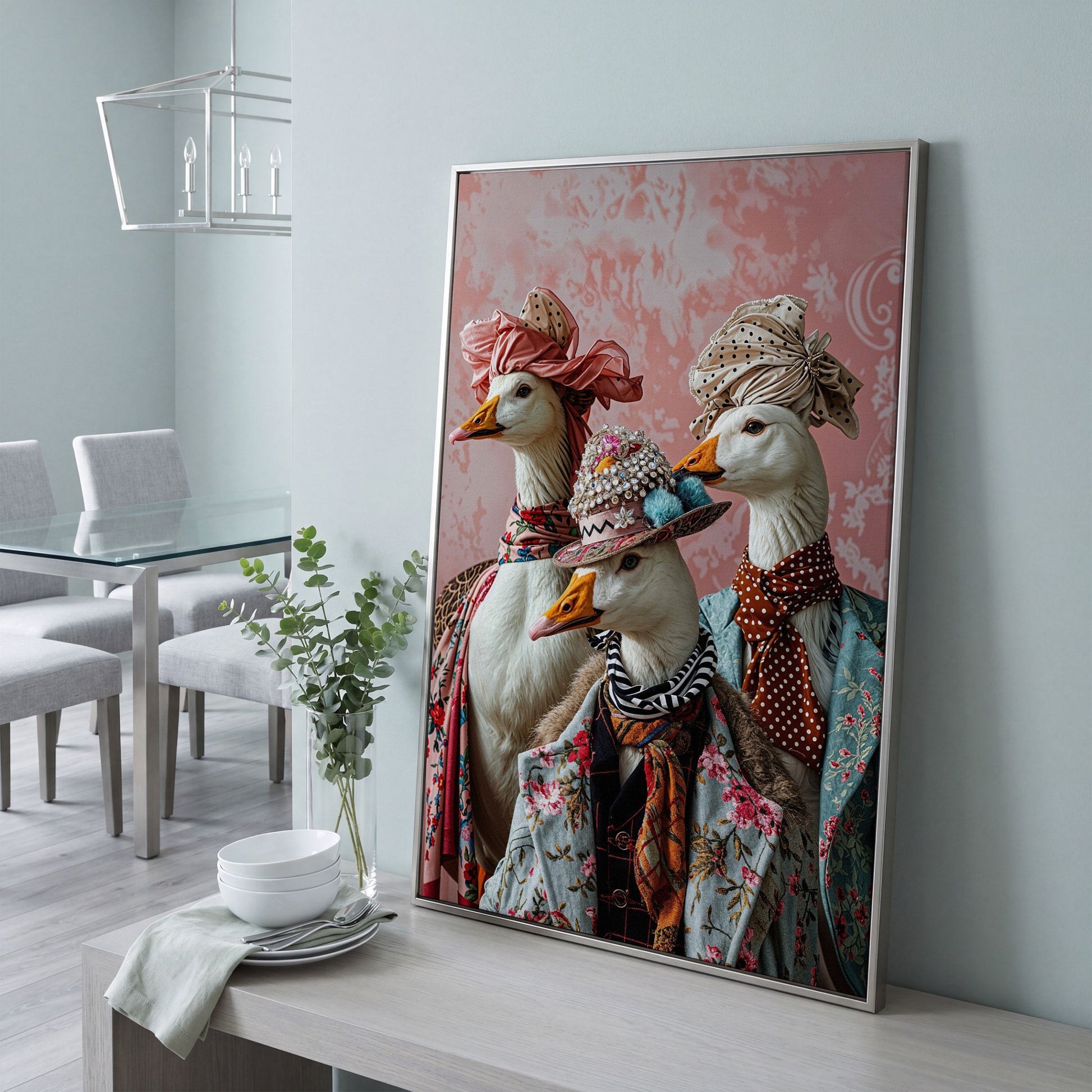 Dapper Geese in Vintage Attire. Anthropomorphic Bird Canvas Art in silver floating frame