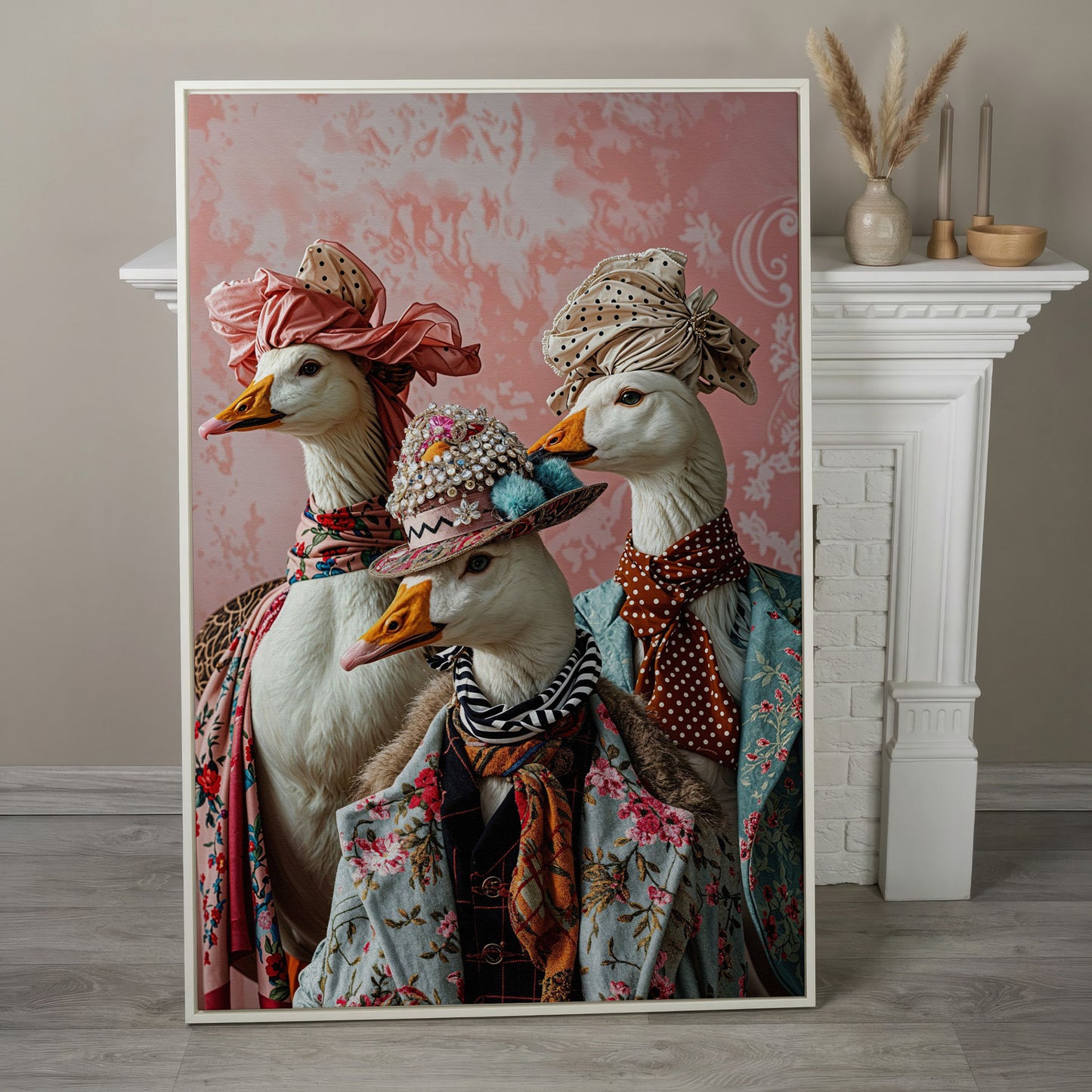 Dapper Geese in Vintage Attire. Anthropomorphic Bird Canvas Art in white floating frame