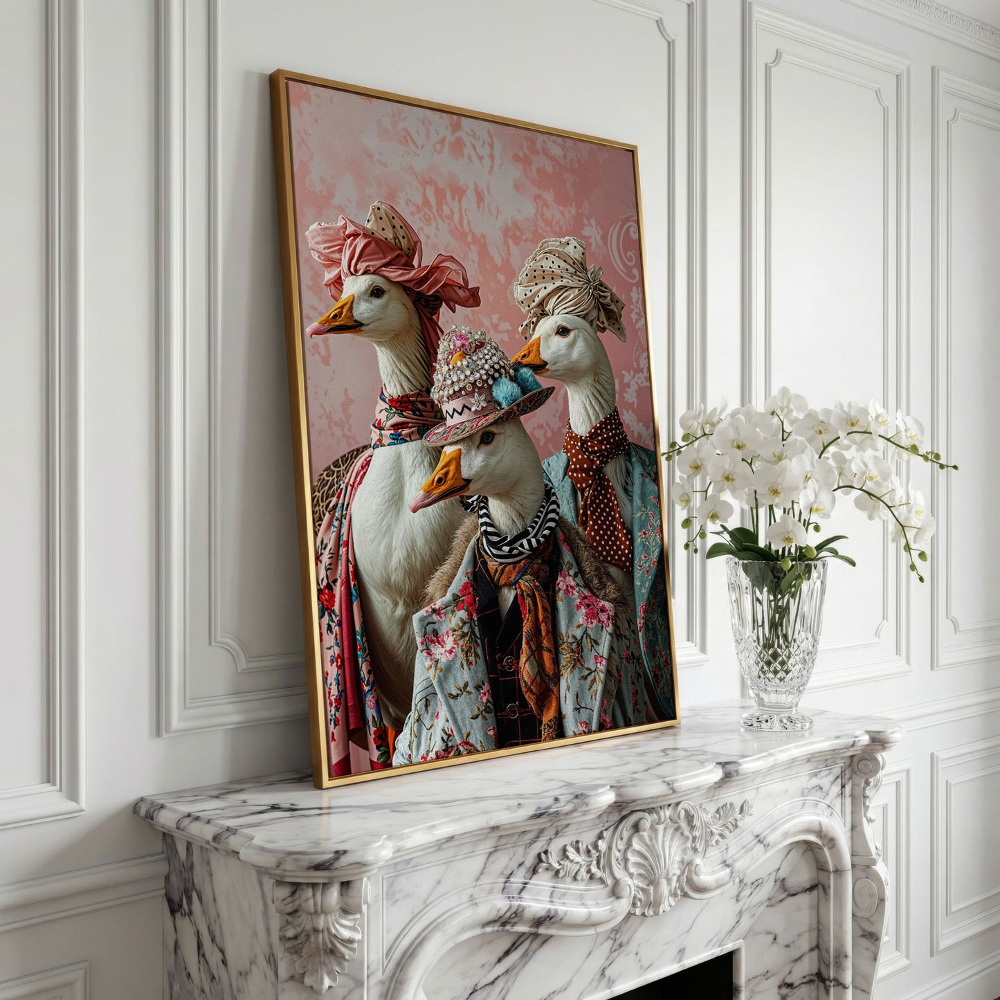 Dapper Geese in Vintage Attire. Anthropomorphic Bird Canvas Art in yellow gold floating frame