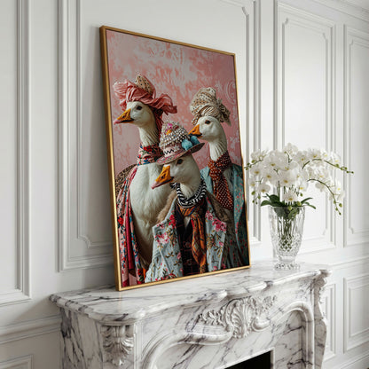 Dapper Geese in Vintage Attire. Anthropomorphic Bird Canvas Art in yellow gold floating frame