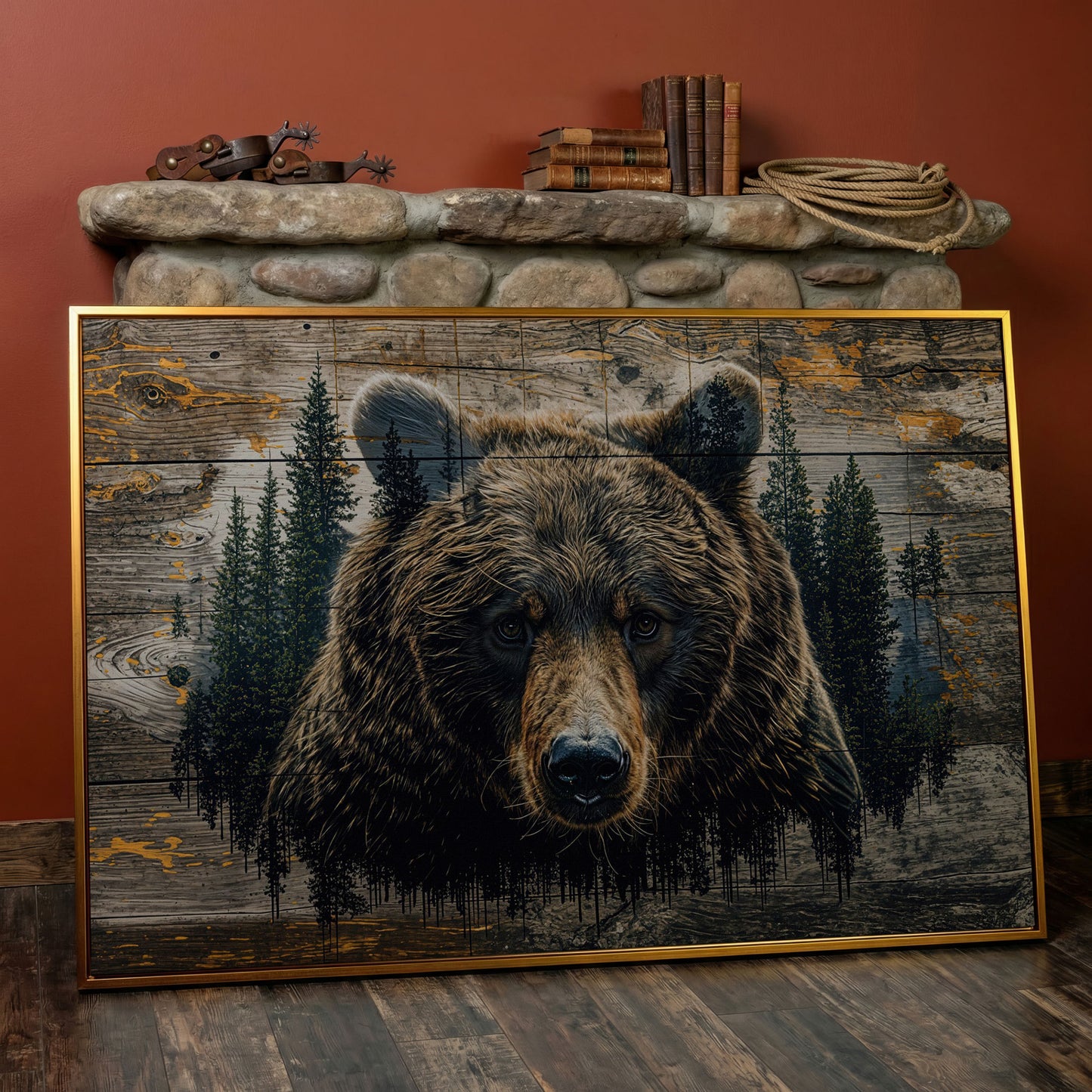 Brown Bear in Forest Canvas Print in antique gold floating frame