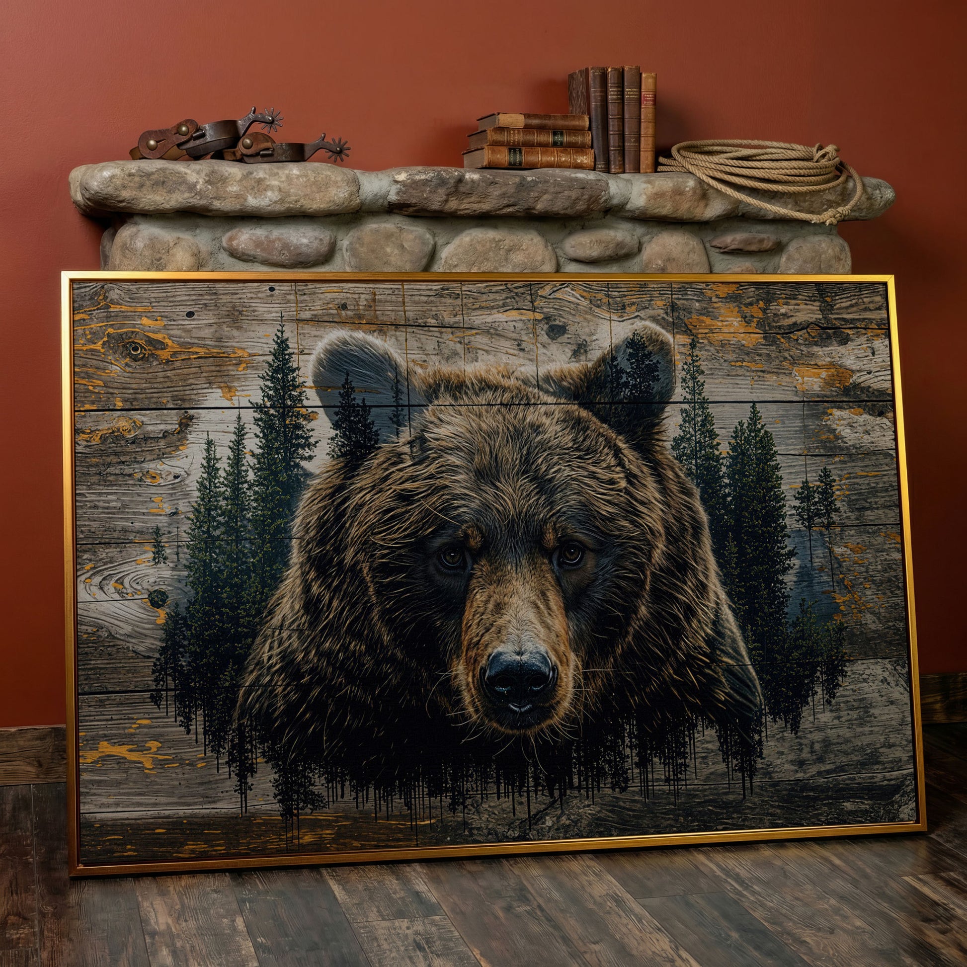 Brown Bear in Forest Canvas Print in antique gold floating frame