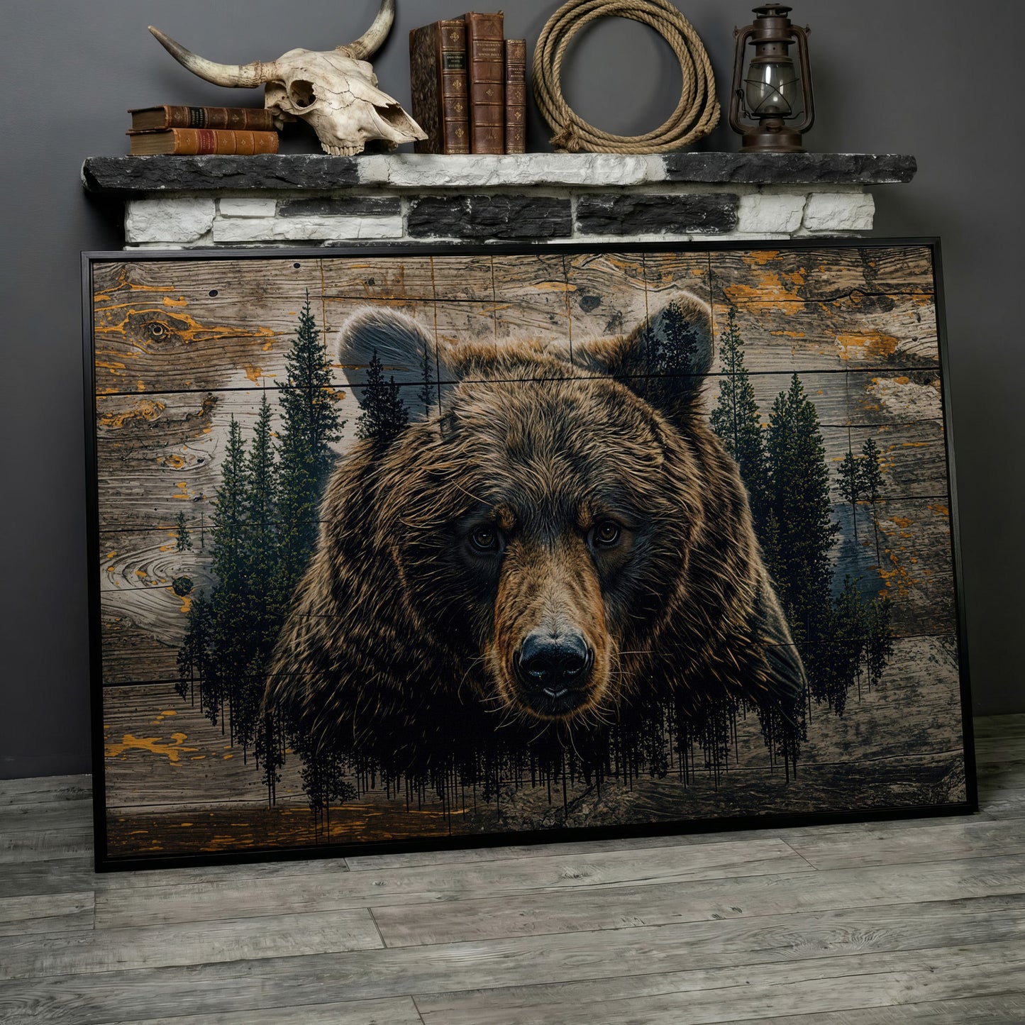 Brown Bear in Forest Canvas Print in black floating frame